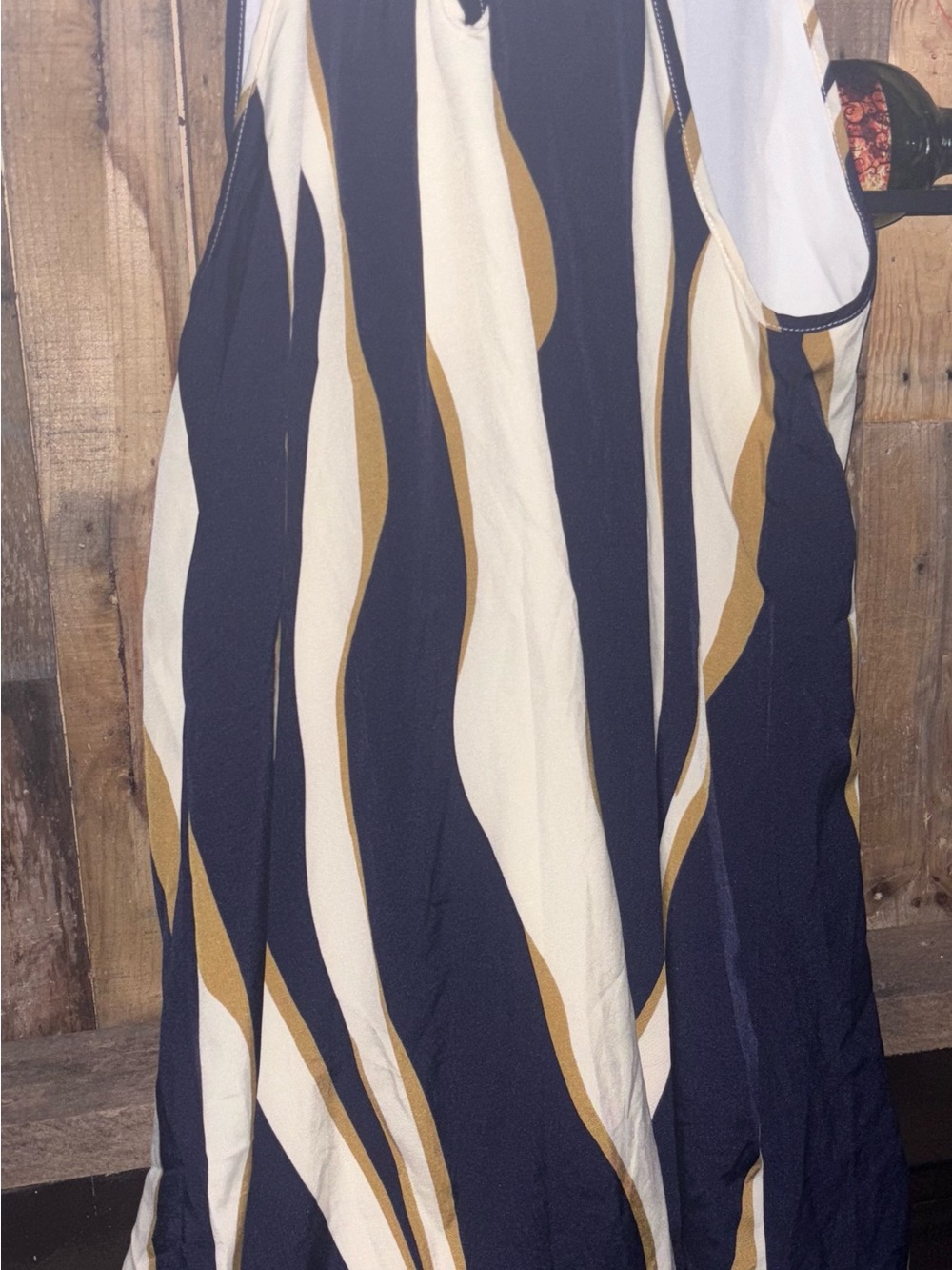 Navy, White & Mustard Wave-Print Maxi Dress